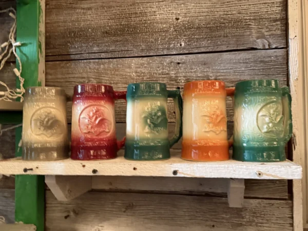 1958  Budweiser Pottery Steins - Pink, Green, Gray, Orange